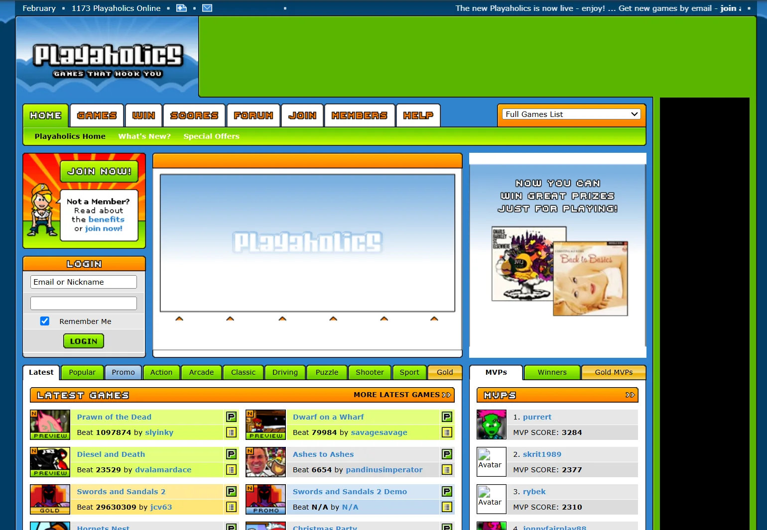 The Playaholics home page in 2007, with Swords and Sandals 2 among the latest games and a leaderboard of MVPs